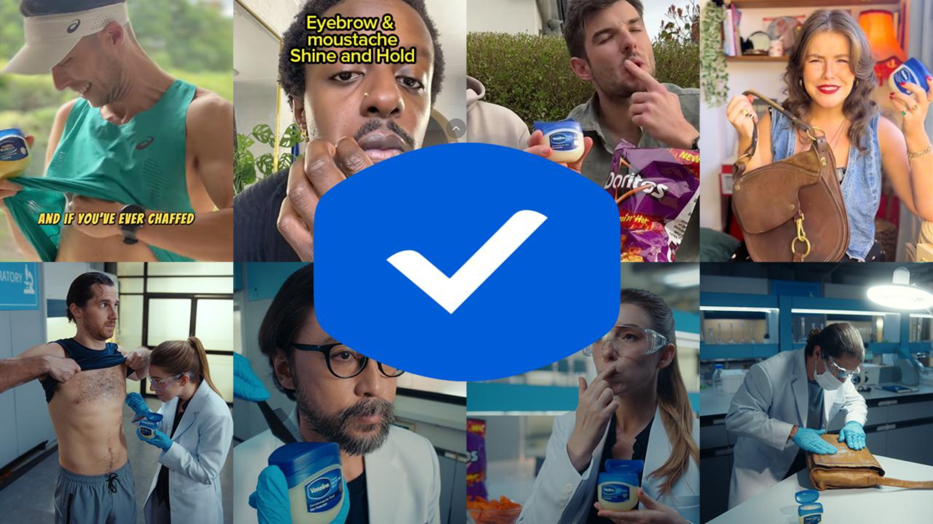 Gambar kampanye Vaseline Verified yang menampilkan orang-orang mencoba berbagai “hack” Vaseline serta ilmuwan Unilever yang turut mengujinya di laboratorium.