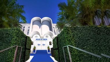Area masuk berkarpet biru menuju pusat House of Fresh di Miami, ruang untuk creator membuat konten bagi penggemar yang dibuka sepanjang hari.
