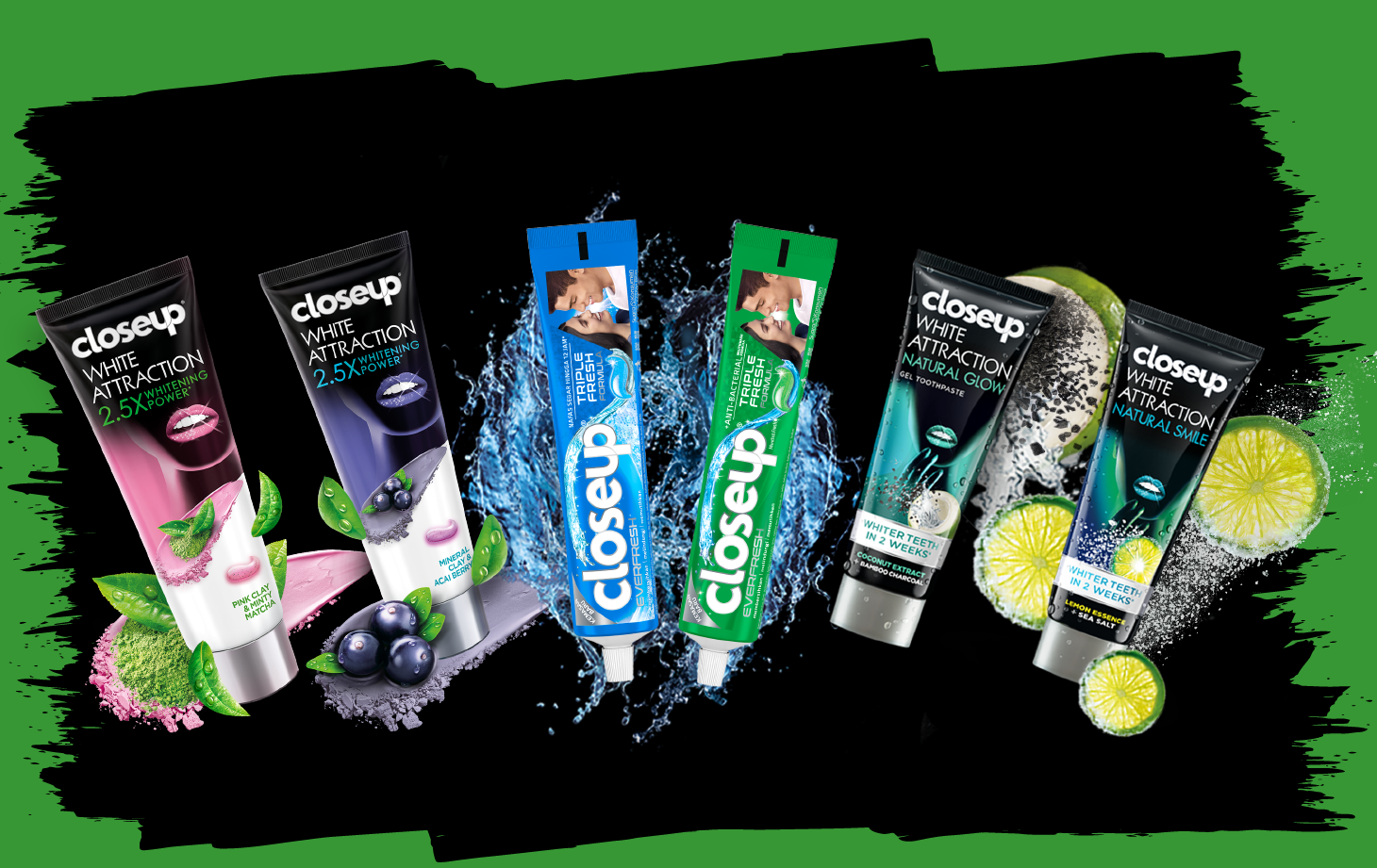 Closeup toothpaste products: Closeup White Attraction Pink Clay & Minty Matcha, Closeup White Attraction  Mineral Clay & Acai Berry, Closeup Icy White, Closeup Everfresh,  Closeup Icy White, Closeup White Attraction Natural Glow and Closeup White Attraction  Natural Smile