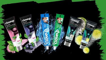 Closeup toothpaste products: Closeup White Attraction Pink Clay & Minty Matcha, Closeup White Attraction Mineral Clay & Acai Berry, Closeup Icy White, Closeup Everfresh, Closeup Icy White, Closeup White Attraction Natural Glow and Closeup White Attraction Natural Smile