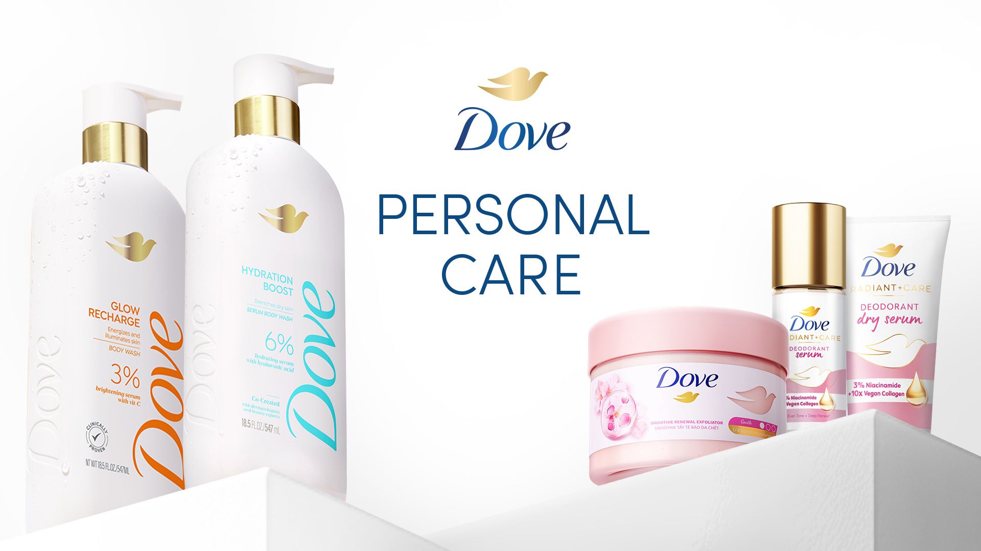 Banner tulisan “Personal Care” diapit oleh botol premium shower gel pump dan pilihan produk dari rangkaian serum Dove.