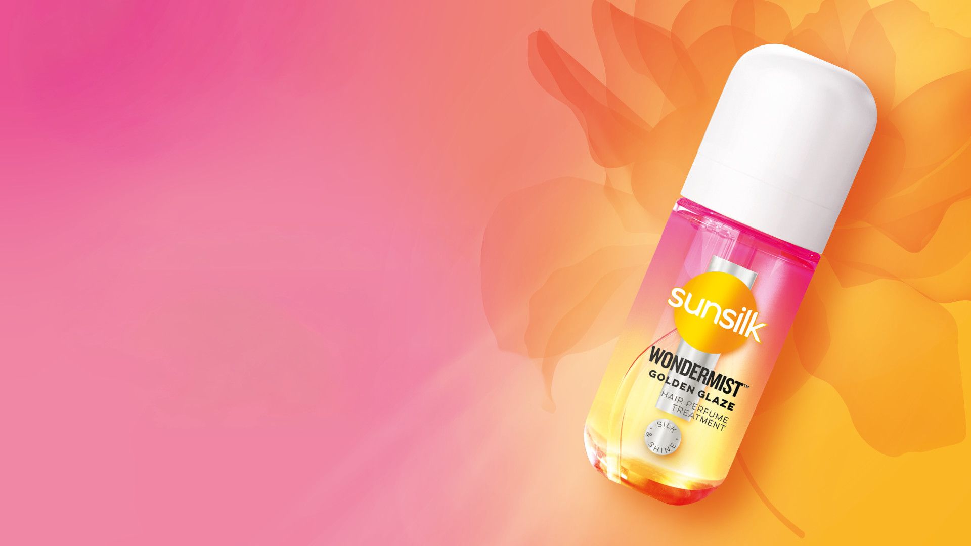Inovasi baru Sunsilk, Wonder Mist, varian Golden Glaze. Botol spray kecil berwarna merah muda dan oranye dengan latar belakang merah muda dan oranye.