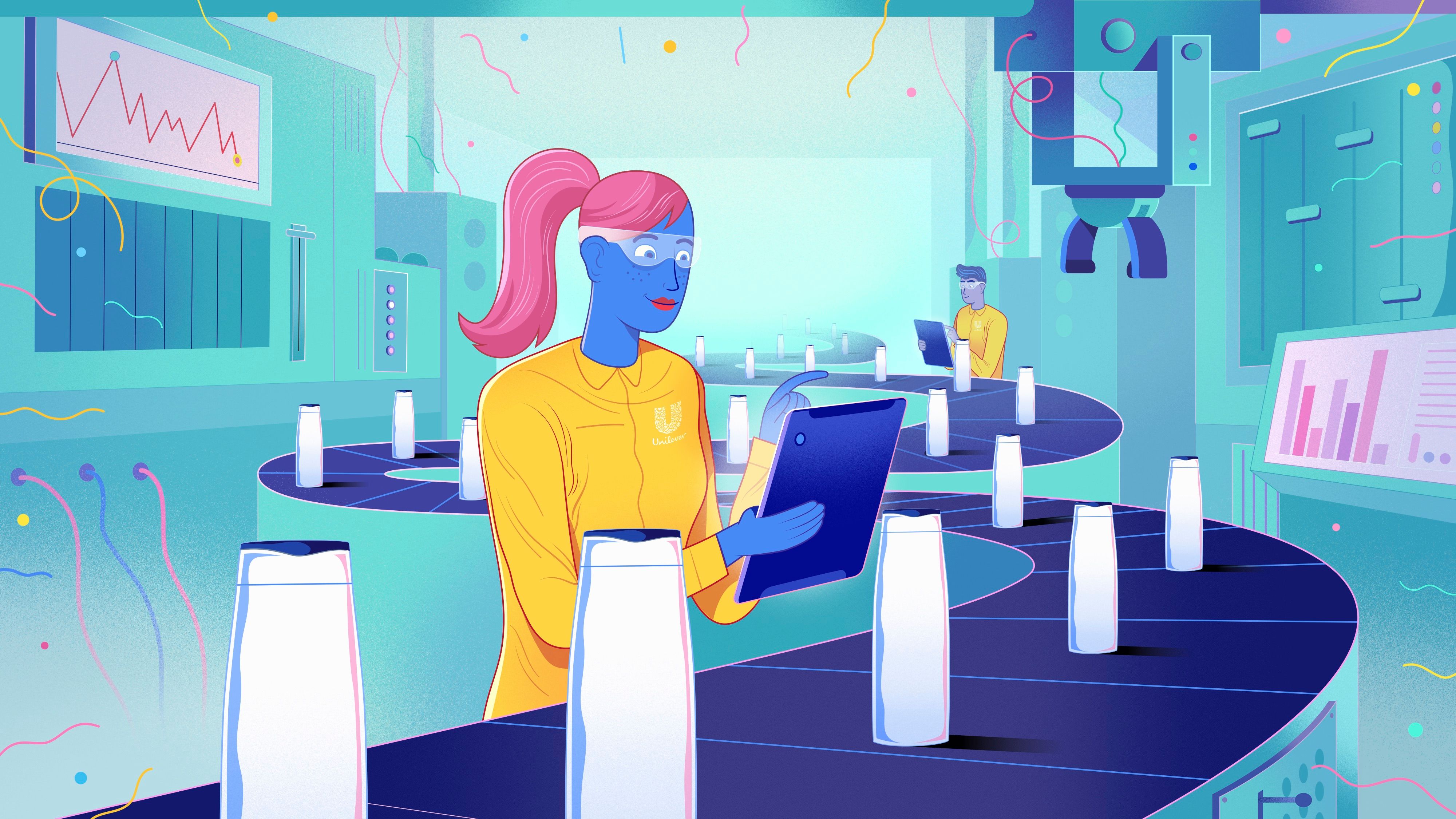 Wanita memeriksa produk di lini produksi