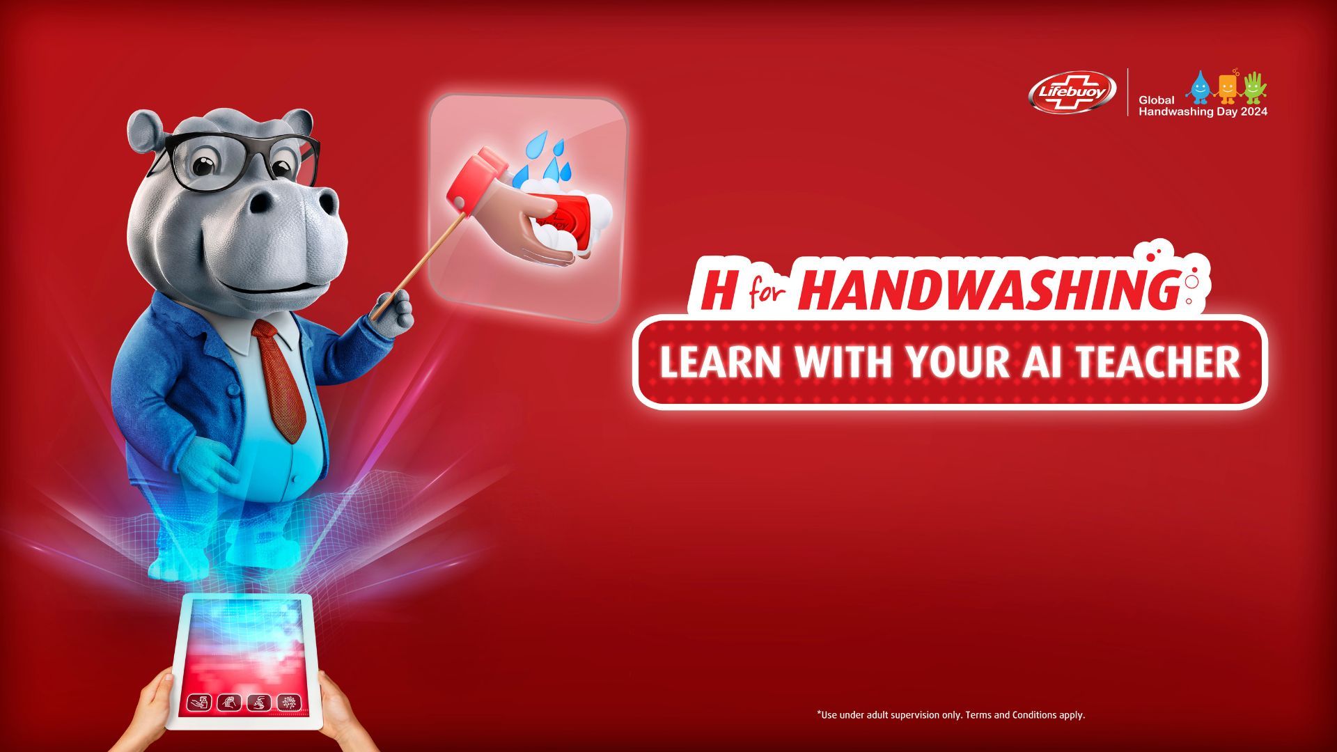 Gambar kampanye pemasaran dari Lifebuoy untuk mempromosikan aplikasinya, yaitu AI-Teacher Hippo. Seekor kuda nil yang mengenakan dasi menunjuk ke sebuah diagram. Teksnya berbunyi: “H for Handwashing”, belajarlah dengan guru AI