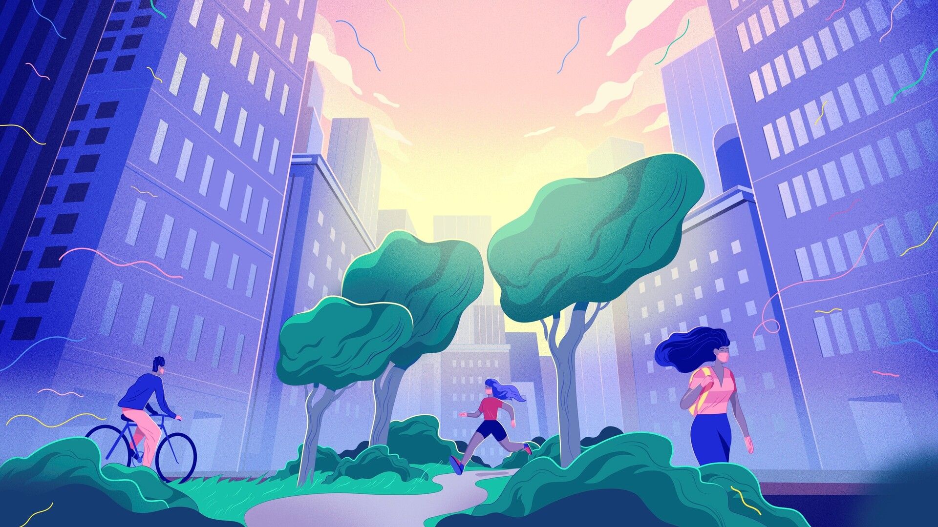 Orang-orang berlari, bersepeda, dan berjalan-jalan di taman